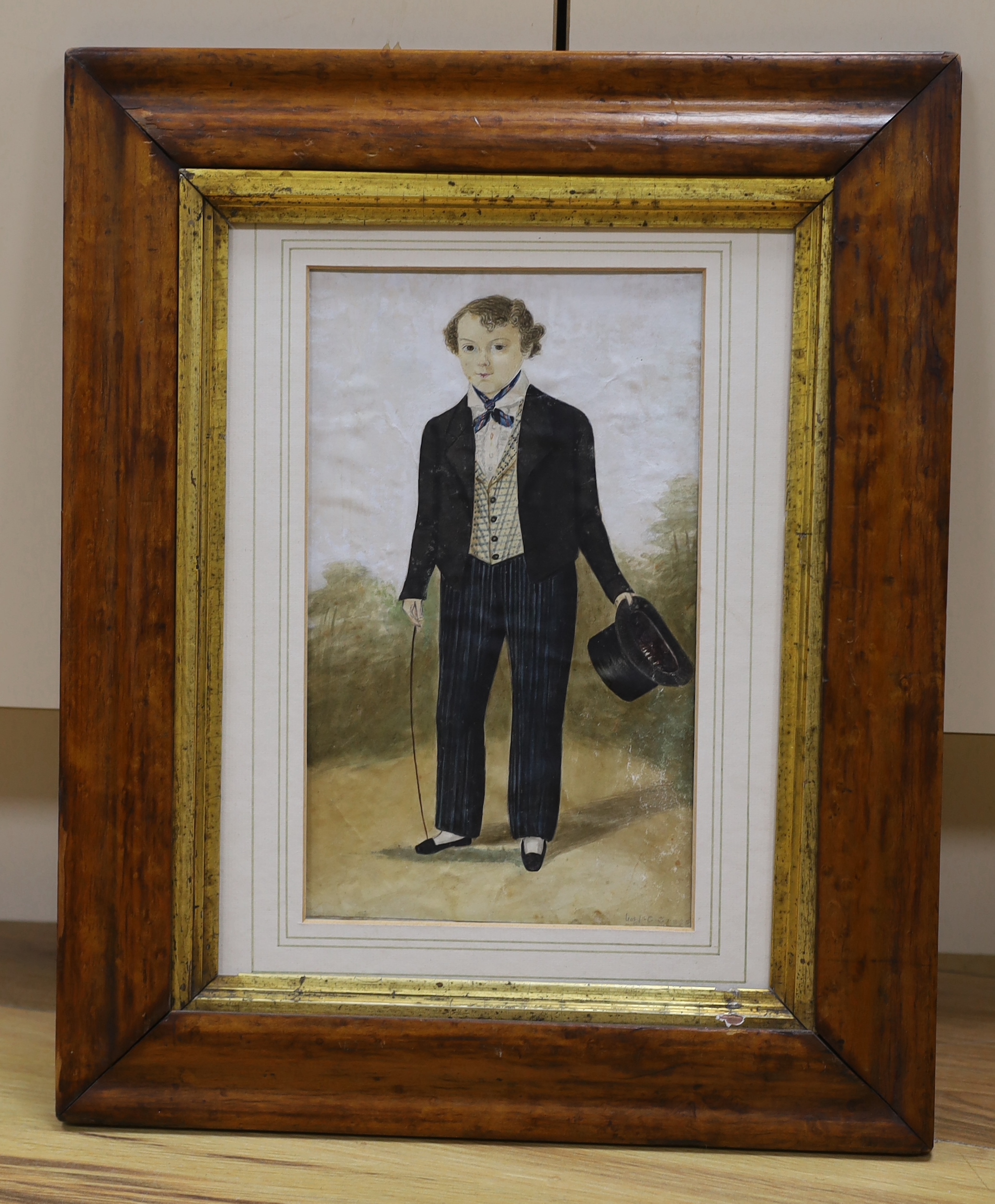 Early 19th century watercolour, Full length portrait of a young man, indistinctly signed, possibly I C Green, maple framed, 26cm x 16cm